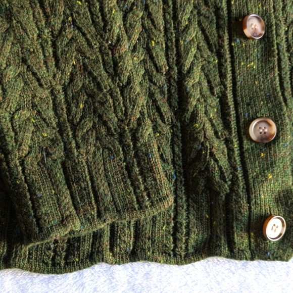 Appleseeds Quality Petite Large V-neck Cardigan Donegal Braided Green Wool Blend - Picture 5 of 13